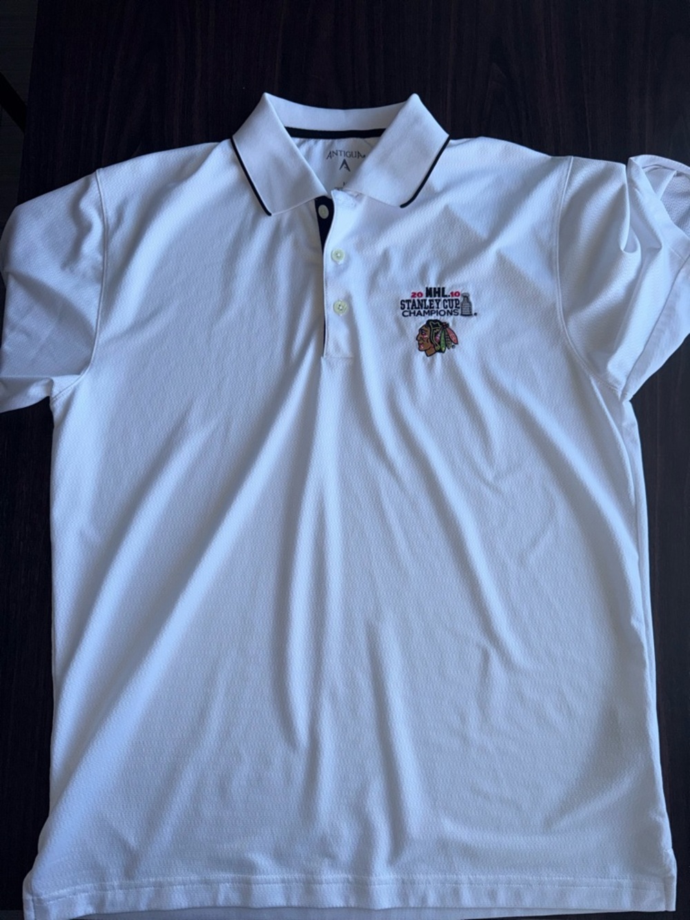 Antigua White Blackhawks 2010 Stanley Cup  Champions Polo